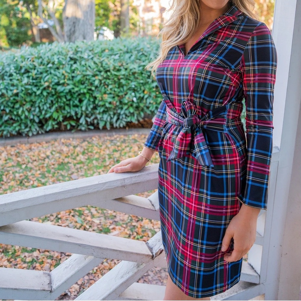 NWT Gretchen Scott Tartan Plaid Dapper Dress Long Sleeve Tie Waist Red Green XL